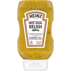 Heinz Hot Dog Relish bottle side view showing ready-to-top hot dogs.