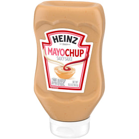 HEINZ Mayochup bottle on a burger plate, easy topping for a quick, flavorful meal.