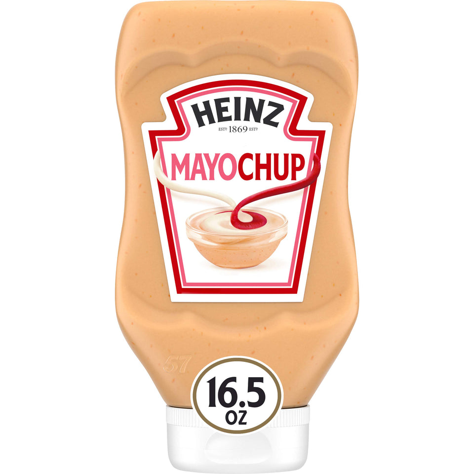 HEINZ Mayochup squeeze bottle with ketchup-mayo blend, ideal for burgers and fries.