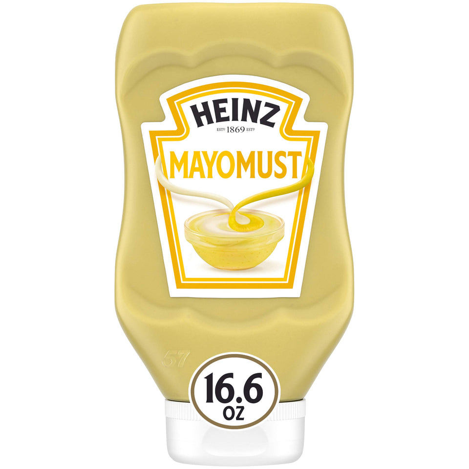 Heinz Mayomust bottle front view with convenient squeeze bottle.