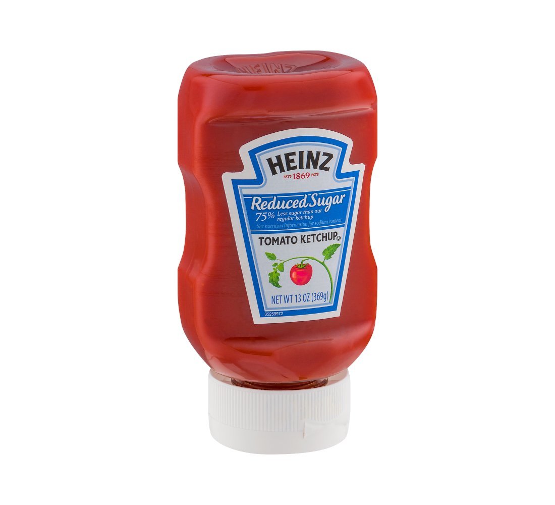 Heinz No Sugar Added Tomato Ketchup bottle in upside-down design for easy serving