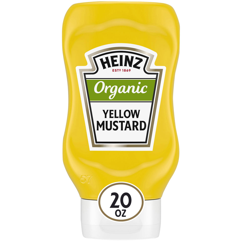 HEINZ Organic Yellow Mustard six-pack bottles for easy outdoor grilling.