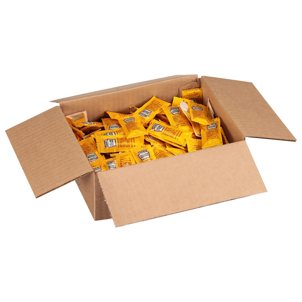 On-the-go condiment: HEINZ mustard packet beside a deli sandwich.