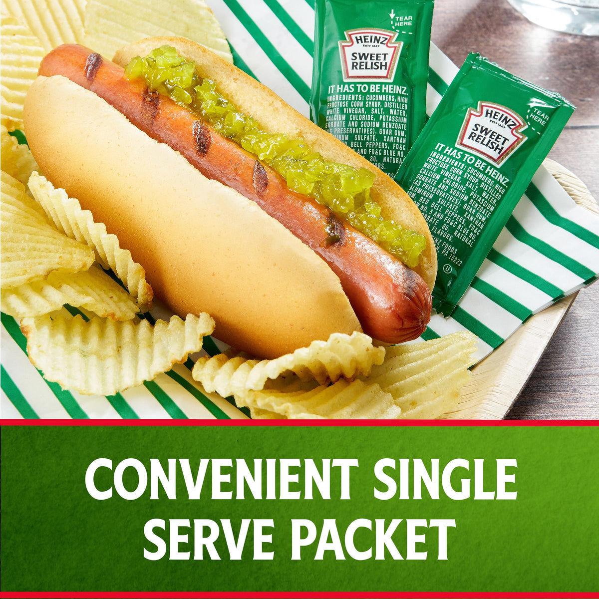 Close-up of Heinz Relish packet reveals sweet cucumber tang and spice blend.