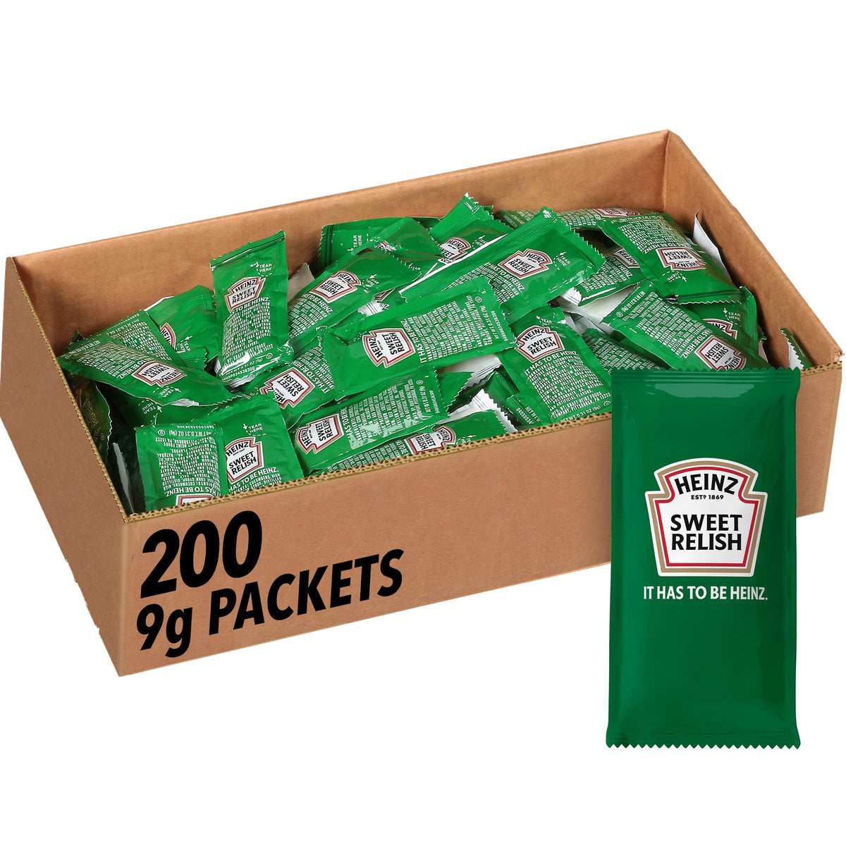 Heinz Sweet Relish single-serve packet pictured, ideal for quick takeout condiment service.