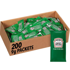 Heinz Sweet Relish single-serve packet pictured, ideal for quick takeout condiment service.