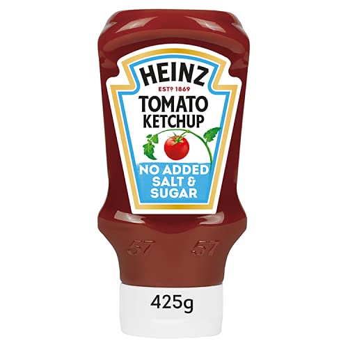 heinz tomato ketchup no added sugar and salt label closeup, showing no artificial colours or flavours
