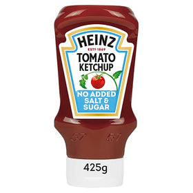 heinz tomato ketchup no added sugar and salt label closeup, showing no artificial colours or flavours