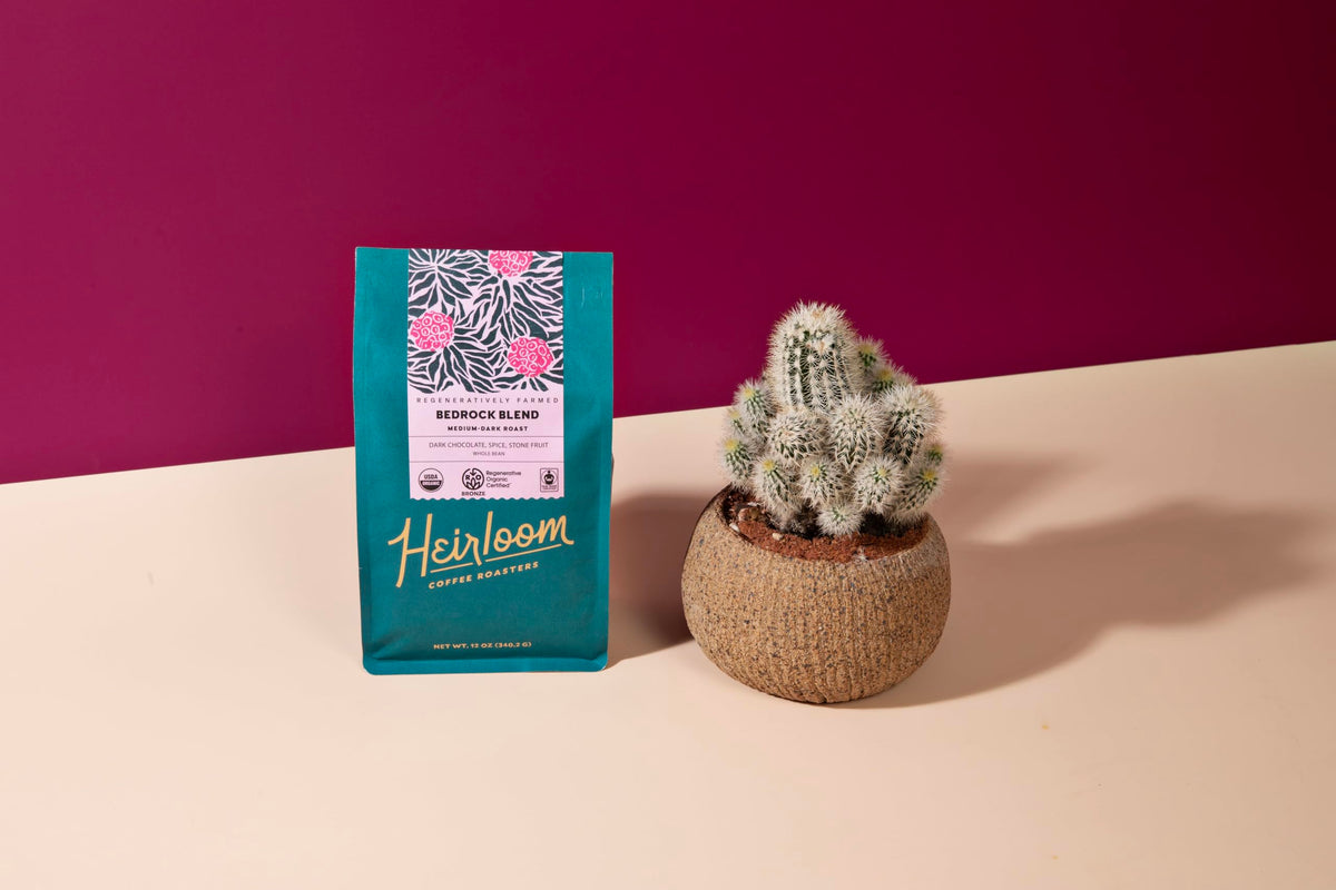Cup of Bedrock Blend showing rich aroma and stone-fruit finish.