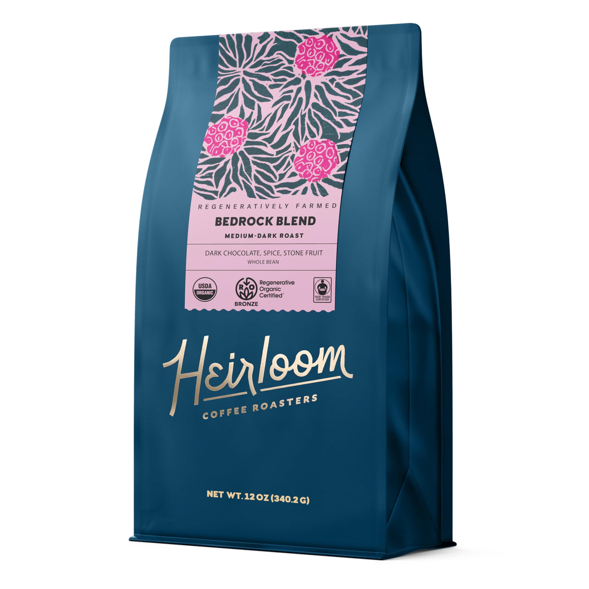 Heirloom Bedrock Blend front-label bag, ideal for gifting and premium home brew.