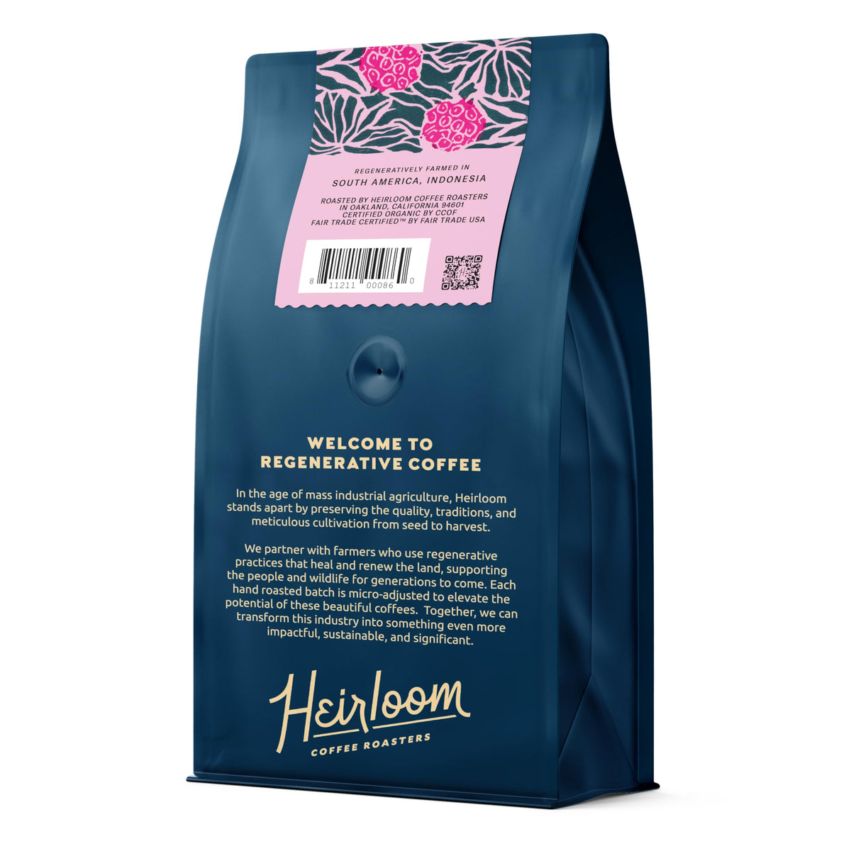 Heirloom Bedrock Blend whole-bean bag, suited for pour-over or French press.