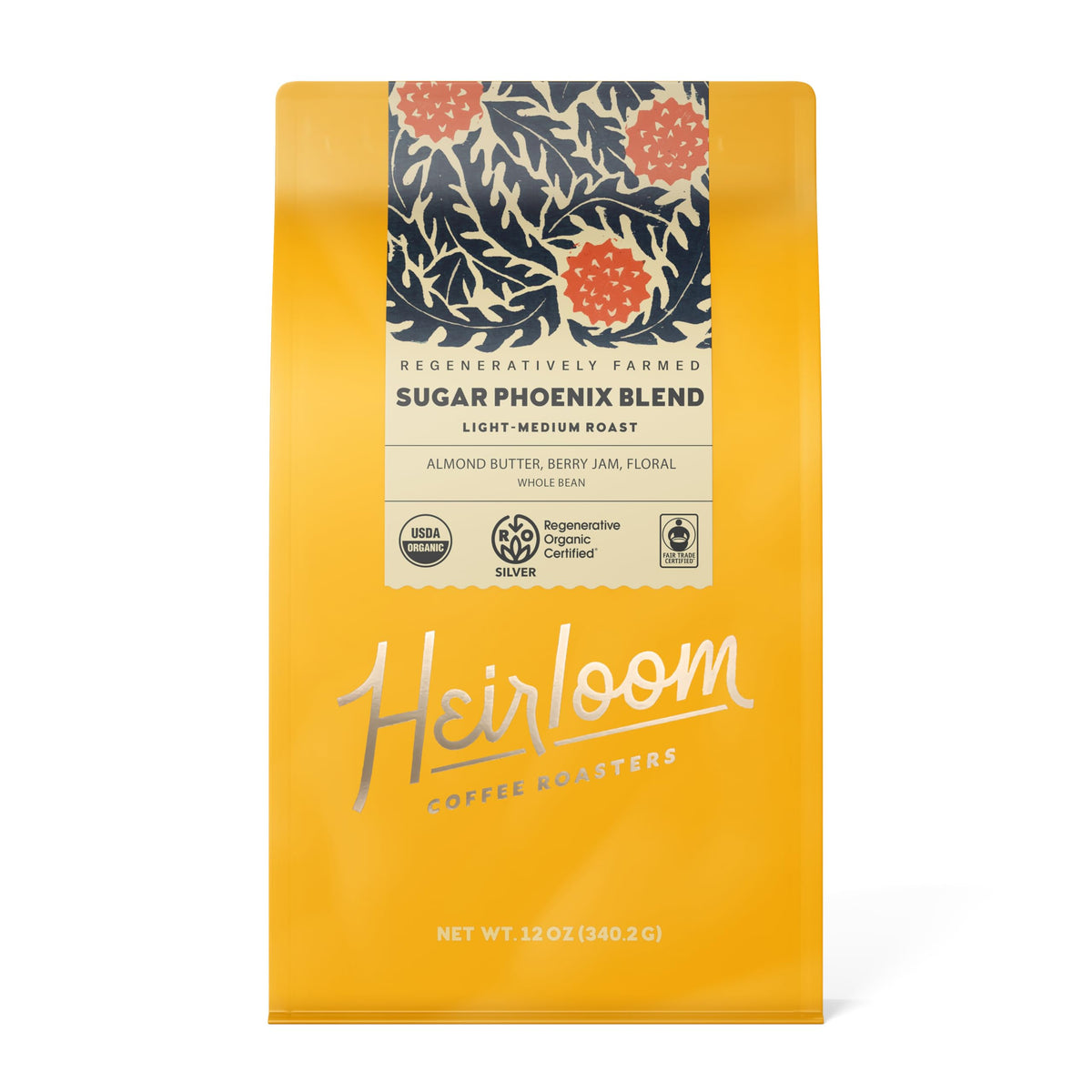Heirloom Sugar Phoenix Blend bag back showing certifications and tasting notes