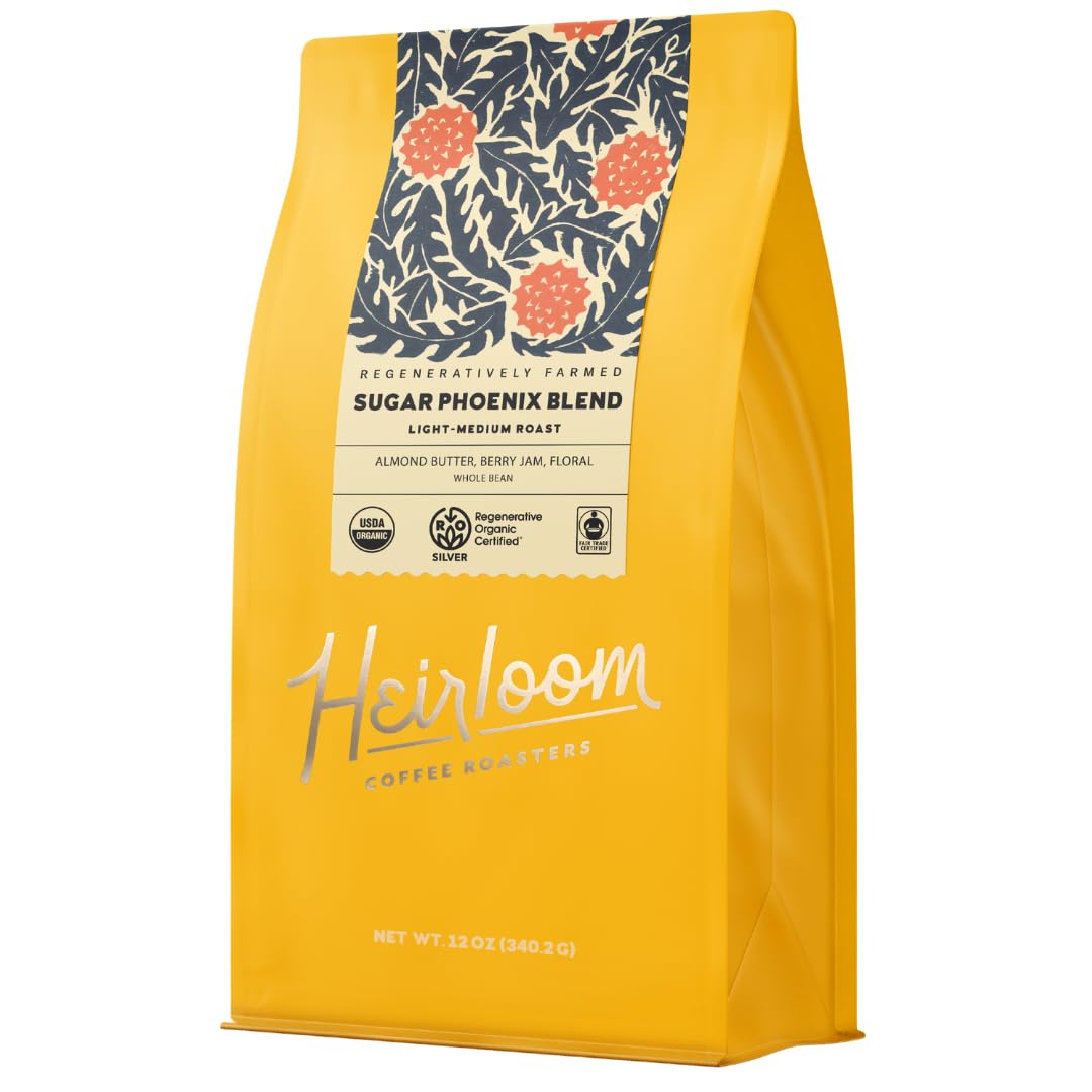 Heirloom Sugar Phoenix Blend bag front highlighting premium whole bean quality for home brewing