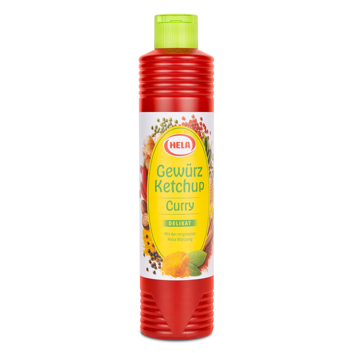 HELA Curry Gewurz Delicate Ketchup bottle ready for meals with mild curry flavor.