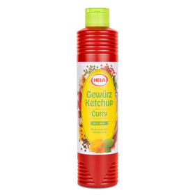 HELA Curry Gewurz Delicate Ketchup bottle ready for meals with mild curry flavor.