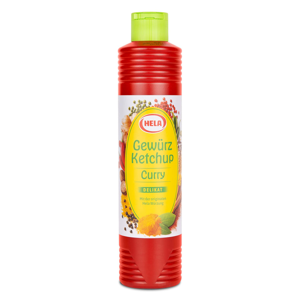 HELA Curry Gewurz Delicate Ketchup bottle ready for meals with mild curry flavor.