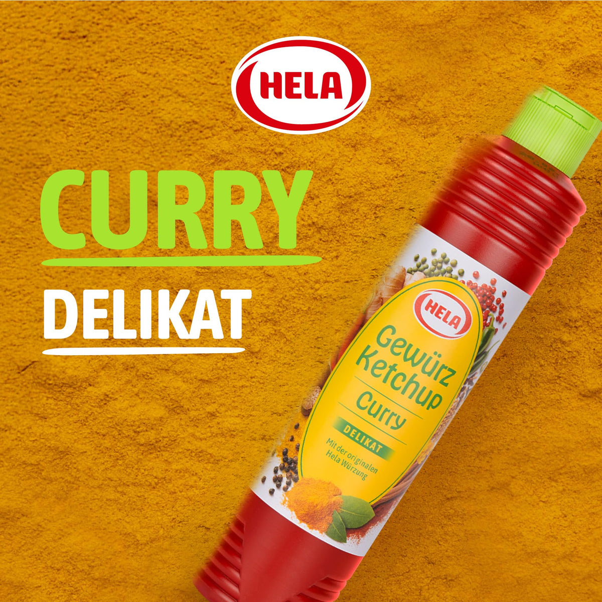 HELA Curry Gewurz Delicate Ketchup label close-up highlighting natural spice blend.