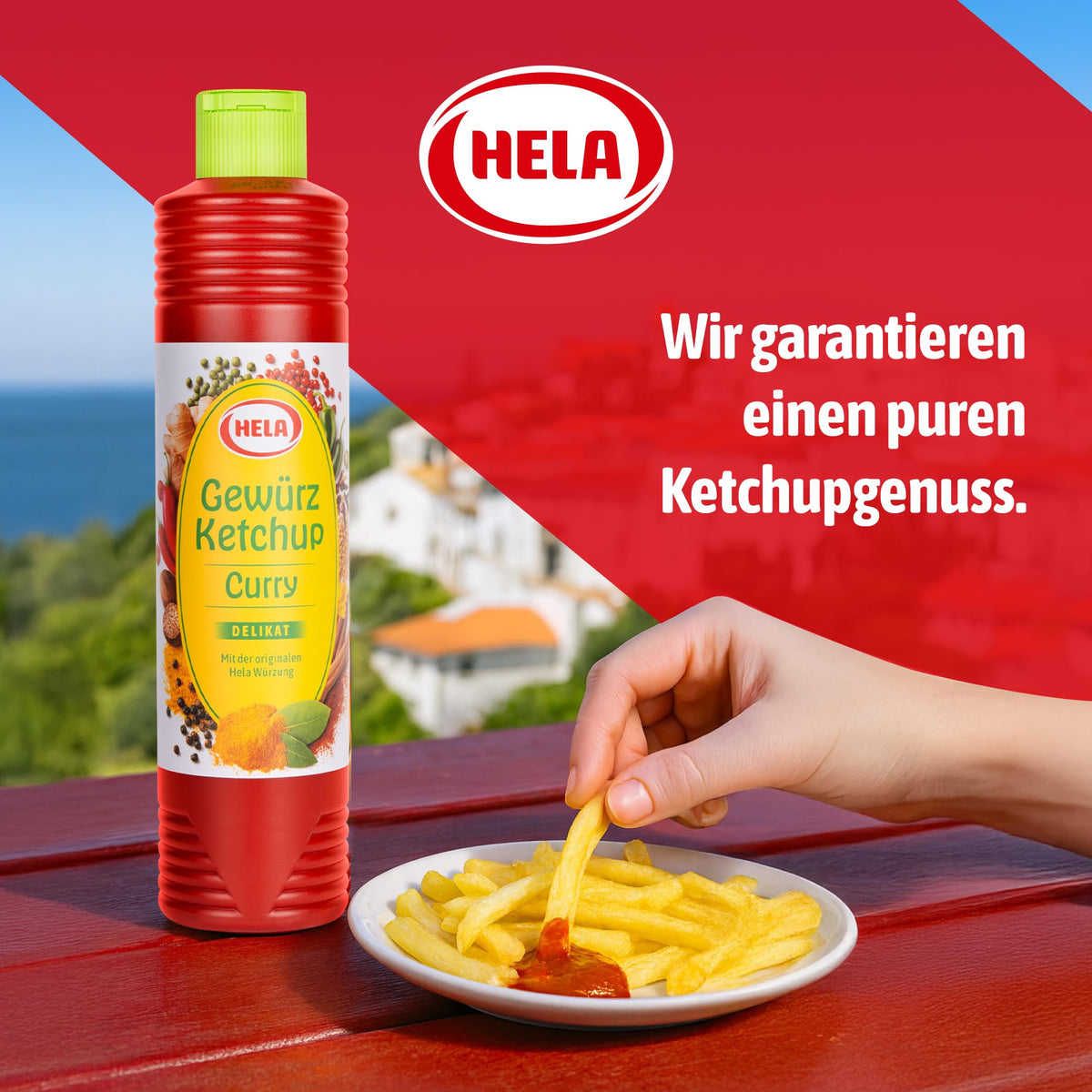 HELA Curry Gewurz Delicate Ketchup pairs well with meat dishes like steak or pork.