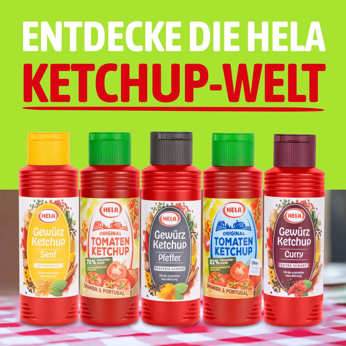 HELA Curry Gewurz Delicate Ketchup on fridge shelf signals easy refrigeration after opening.