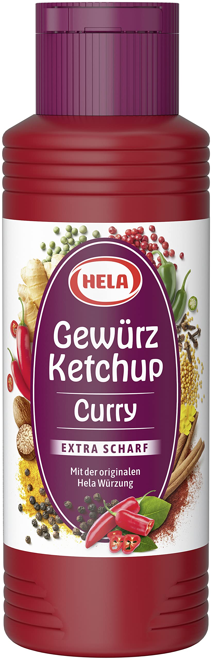 HELA Curry Gewurz Ketchup Extra Hot bottle, ideal for french fries and grilled meats.