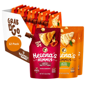 Helena Hummus classic pouch close-up showing creamy texture for on-the-go snacks.