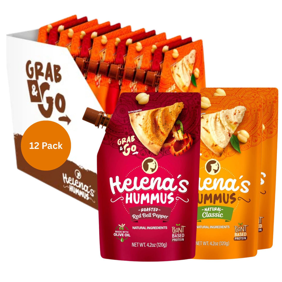 Helena Hummus classic pouch close-up showing creamy texture for on-the-go snacks.