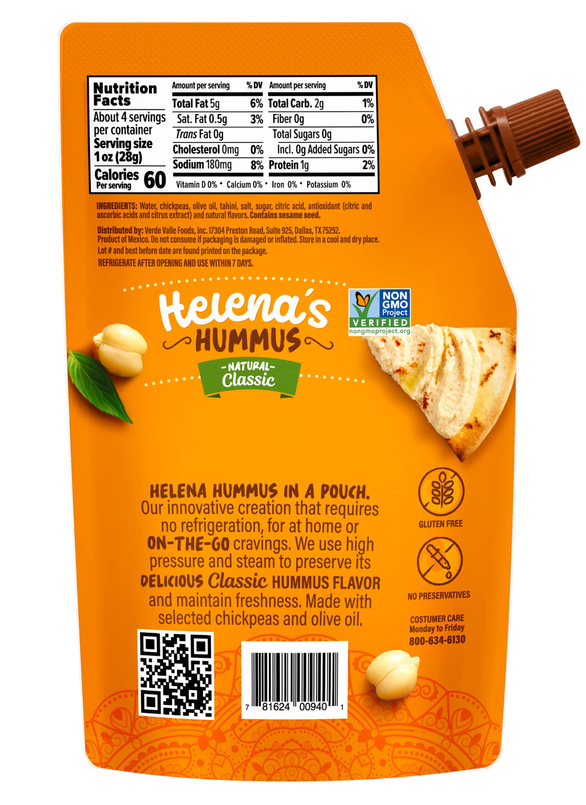 Helena Hummus ingredients highlight chickpeas and olive oil for natural flavor.