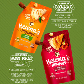Helena Hummus roasted pepper pouch close-up with vibrant color and tangy flavor.