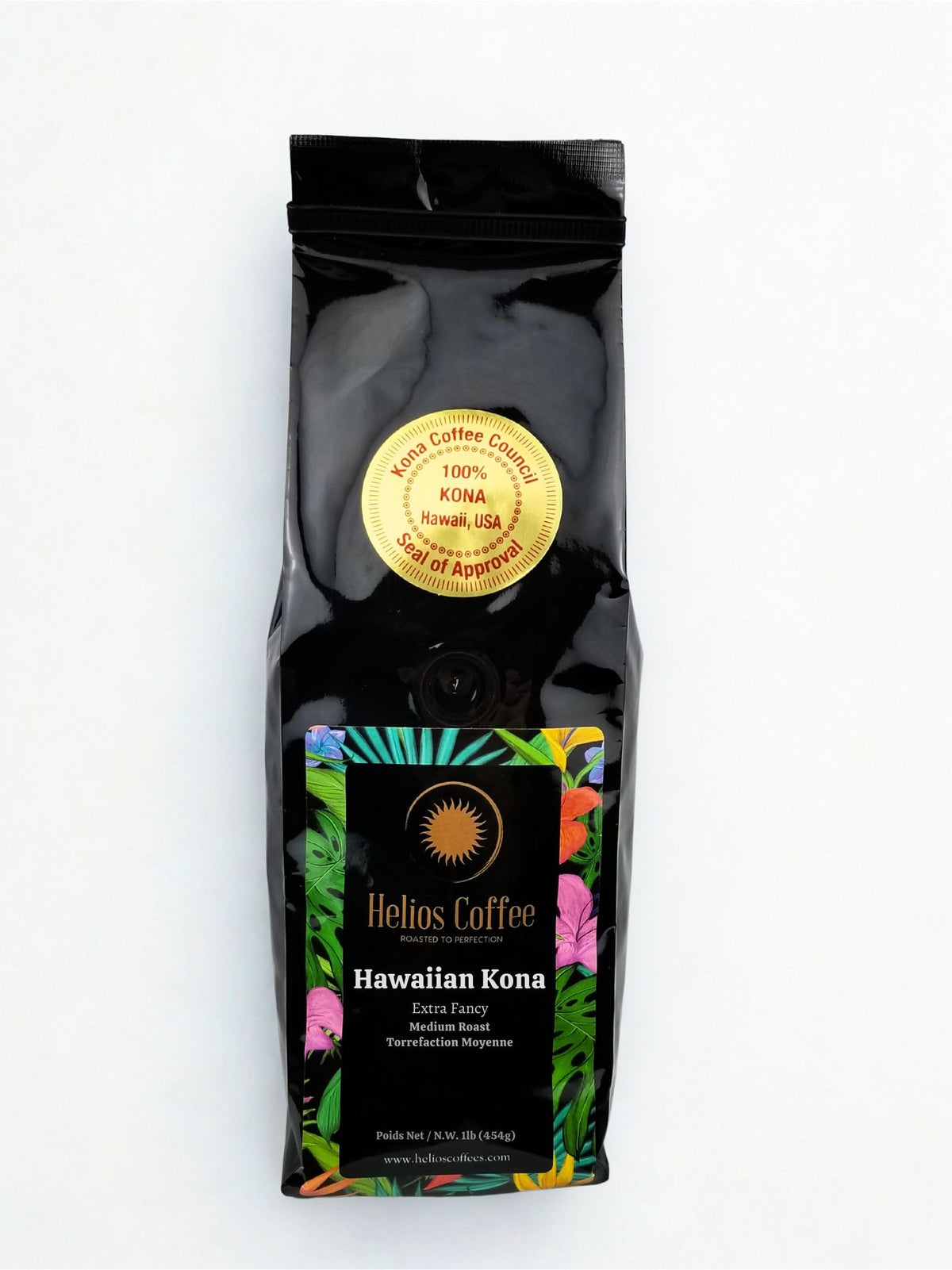 Helios Kona 1lb beans close-up showing rich color.