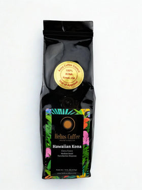 Helios Kona 1lb beans close-up showing rich color.