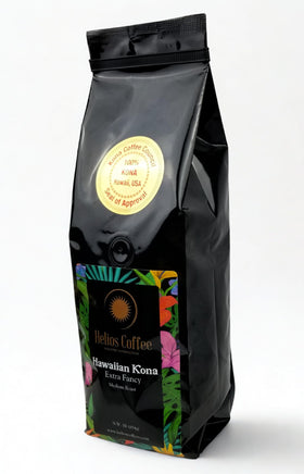 Helios Coffee Kona 1lb whole-bean packaging preserves freshness.