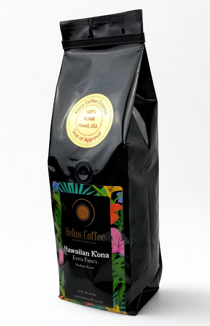 Helios Coffee Kona 1lb whole-bean packaging preserves freshness.