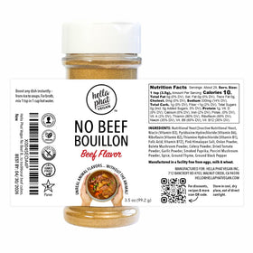 Hella Phat Vegan No Beef Bouillon packaging highlights gluten-free, lower-sodium flavor base.