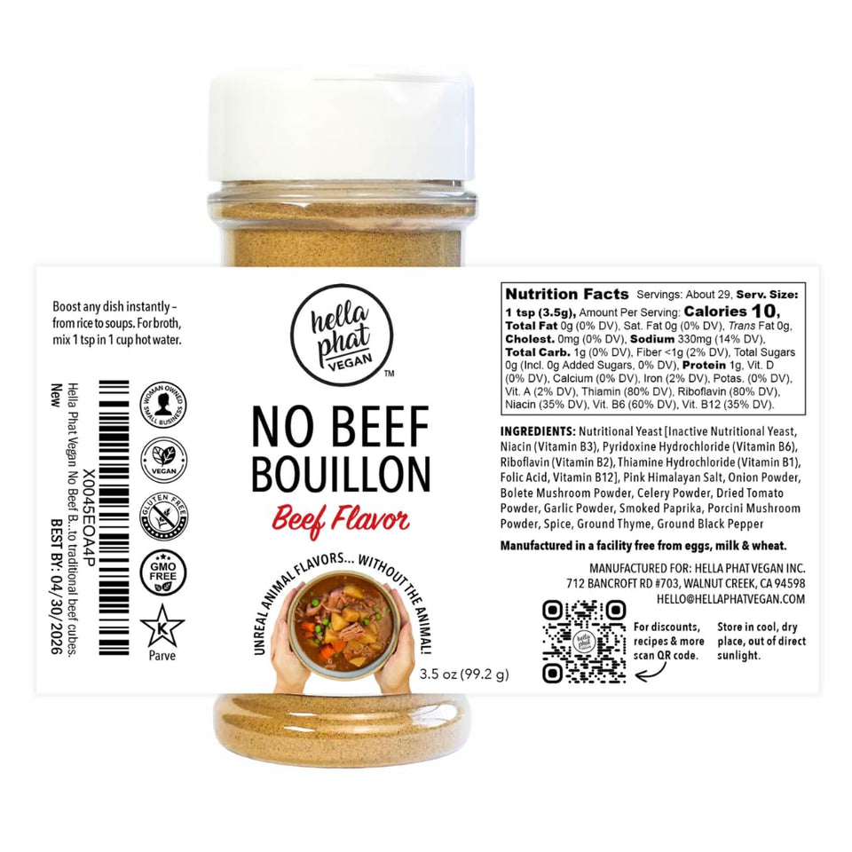 Hella Phat Vegan No Beef Bouillon packaging highlights gluten-free, lower-sodium flavor base.