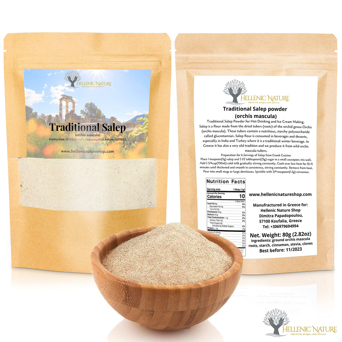 HELLENIC NATURE Sahlep powder with scoop for easy measuring of cozy drinks.