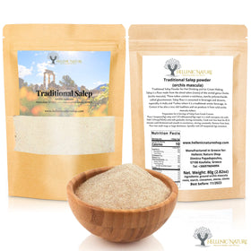 HELLENIC NATURE Sahlep powder with scoop for easy measuring of cozy drinks.