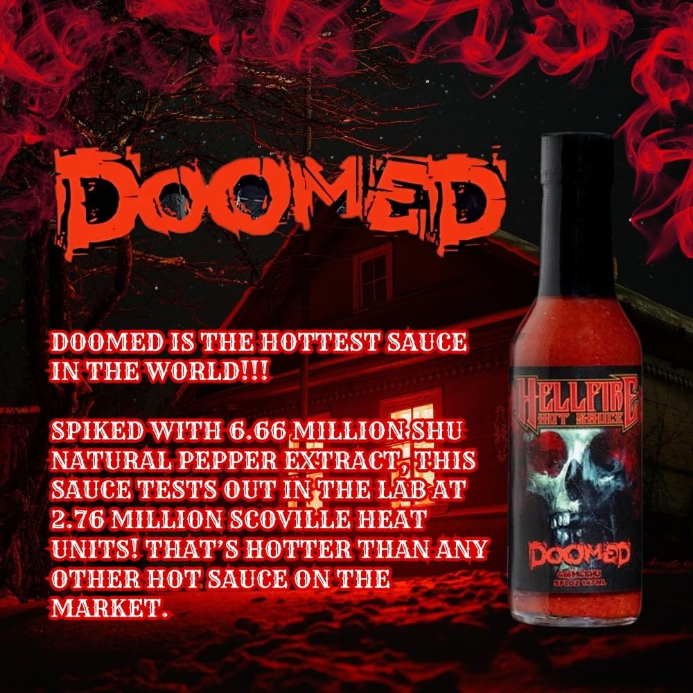 Hellfire Doomed Hot Sauce label closeup showing fiery branding and intensity