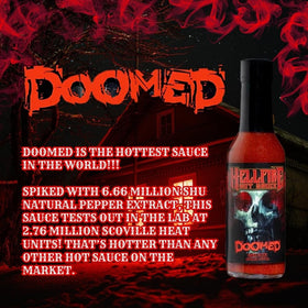 Hellfire Doomed Hot Sauce label closeup showing fiery branding and intensity