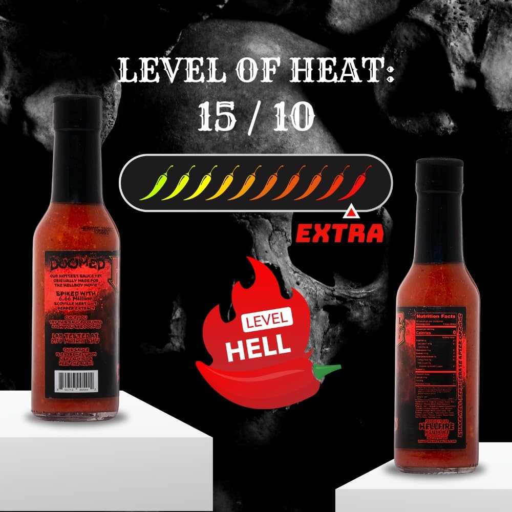 Hellfire Doomed Hot Sauce pour capturing glossy spill and heat