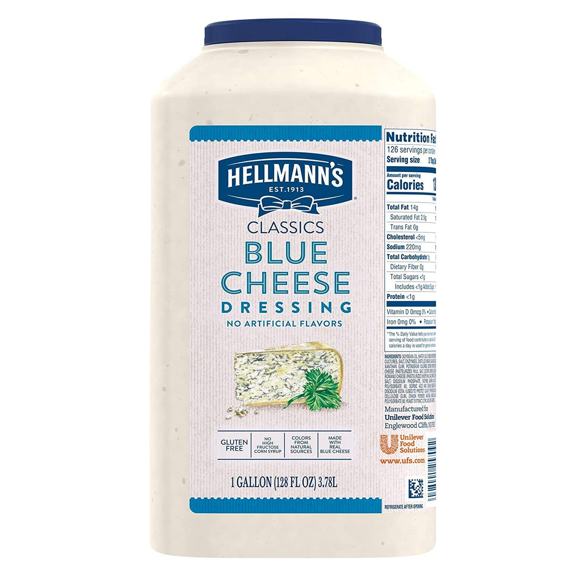 Pouring Hellmann's Classics Blue Cheese Dressing from a 1 gal jug for crisp salads.