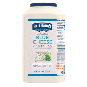 Pouring Hellmann's Classics Blue Cheese Dressing from a 1 gal jug for crisp salads.