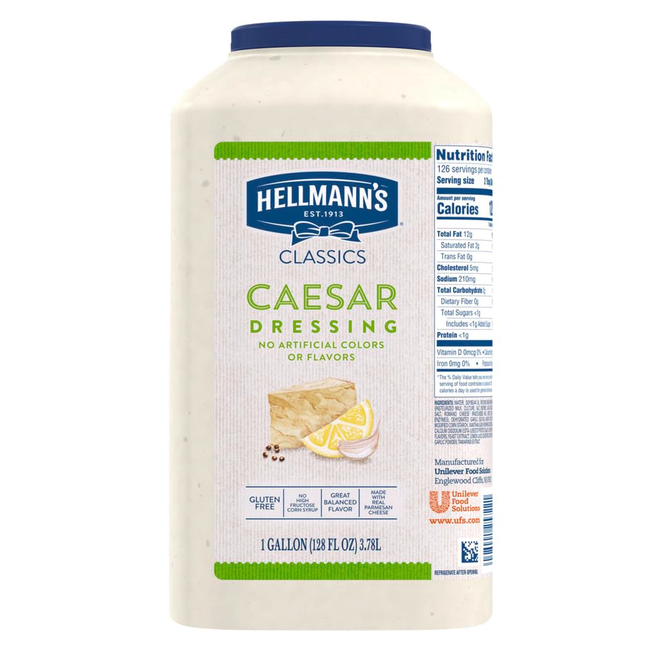 Hellmann's Classics Caesar dressing pour over salad for rich, creamy flavor.