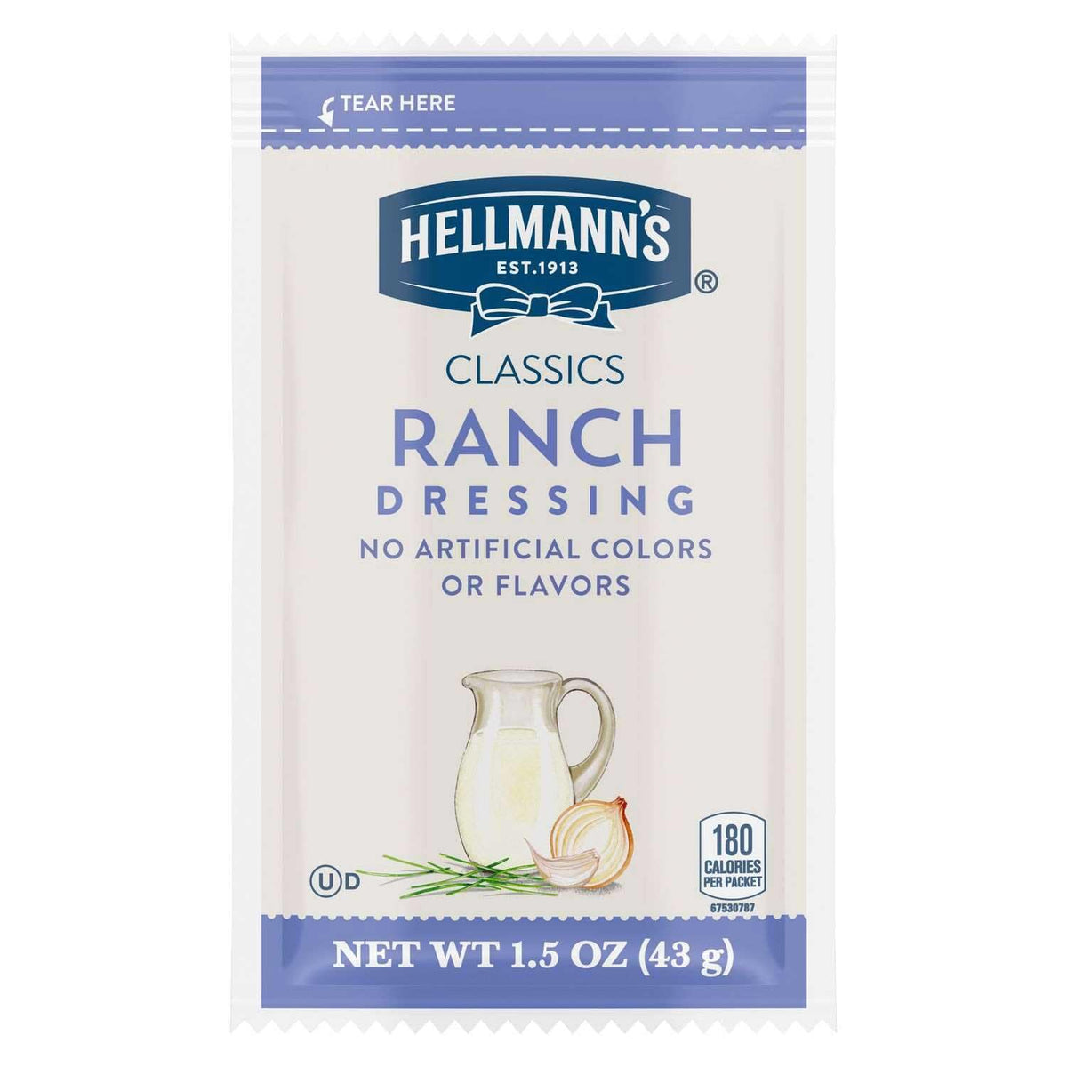 Hellmann's Classics Ranch sachets close-up showing easy-dispense packaging for servers.