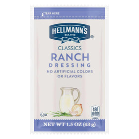 Hellmann's Classics Ranch sachets close-up showing easy-dispense packaging for servers.