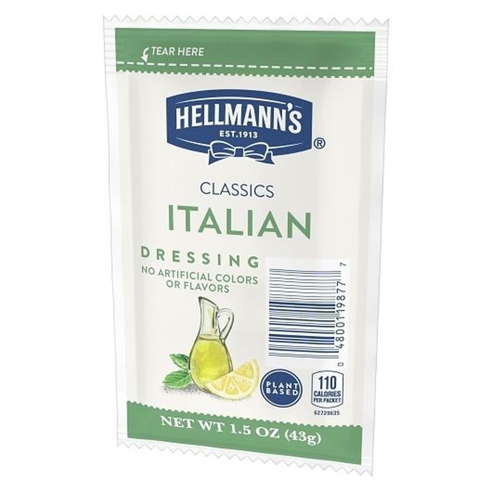 Close-up of Hellmann's Italian dressing sachets highlighting convenient gluten-free packaging.