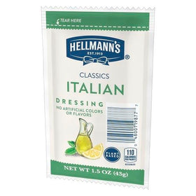 Close-up of Hellmann's Italian dressing sachets highlighting convenient gluten-free packaging.