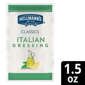 Bulk display of Hellmann's Italian dressing sachets for quick restocking in a kitchen.