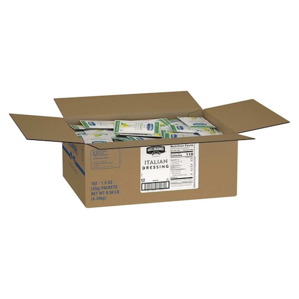 Stacked Hellmann's Italian dressing sachets in a clean, organized pantry.