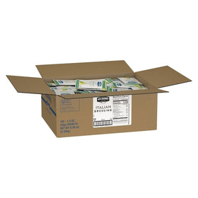 Stacked Hellmann's Italian dressing sachets in a clean, organized pantry.