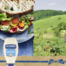 Hellmann's Light Mayonnaise label closeup highlights gluten-free and kosher notes.